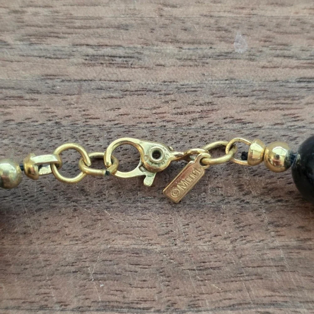 Vintage 80s Monet Black Bead Choker Necklace Gold Accents Lucite Statement
